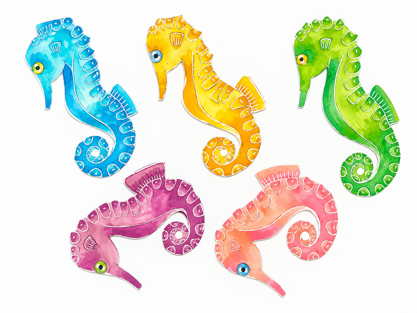 Handmade seahorse bookmarks drawn with alcohol markers by Juliana Austen, in blue, yellow, green, purple and coral